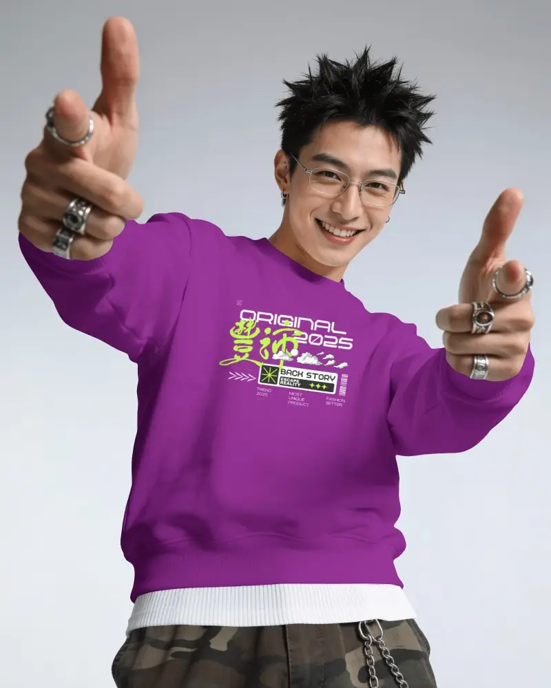 Playful Sweatshirt Mockup Smiling Male Model Pointing Toward Camera In Clean Studio