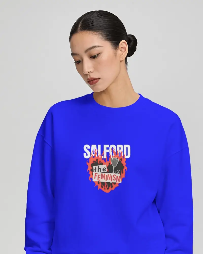 Female Sweatshirt Mockup Three Quarter View With Relaxed Drop Shoulder Fit Downward Gaze