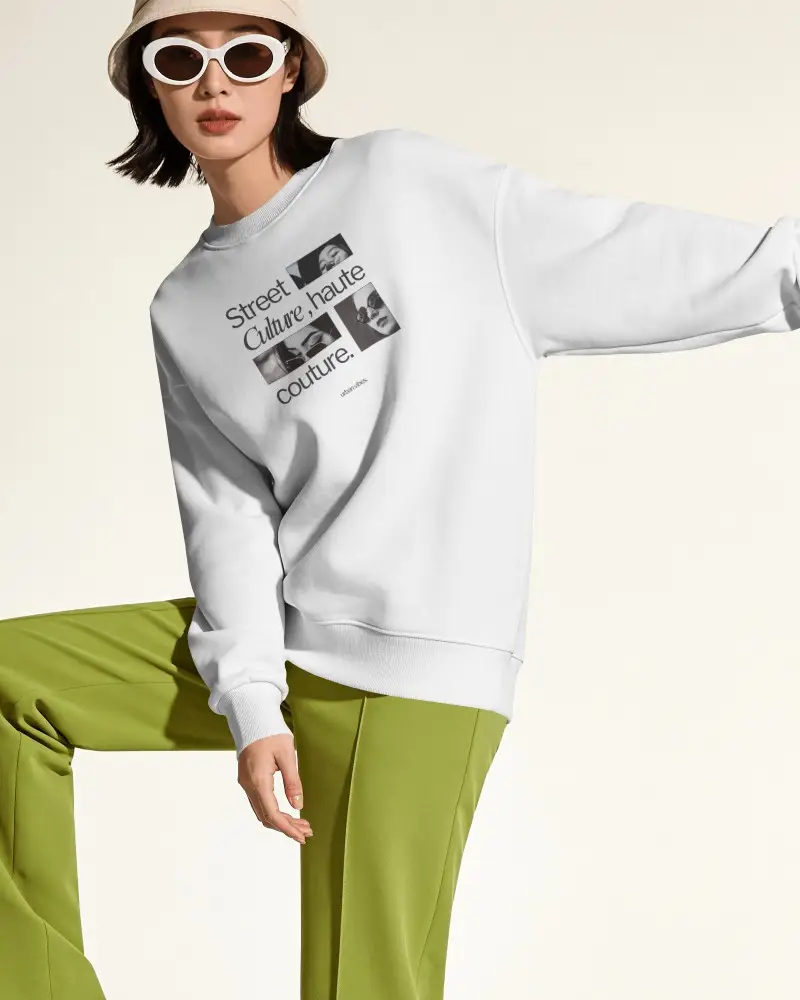 Crewneck Sweatshirt Mockup Woman Posing Dynamically With Lime Green Trousers In Minimal Studio