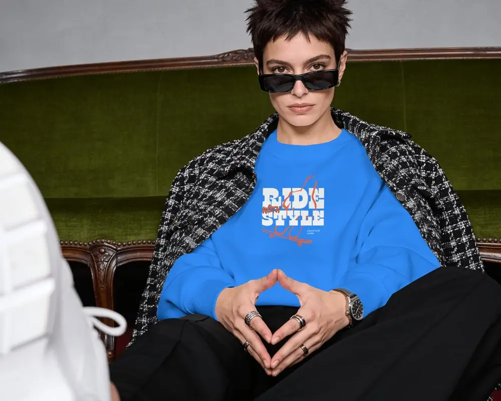 Editorial Sweatshirt Mockup Short Haired Female Model Seated On Vintage Green Velvet Sofa