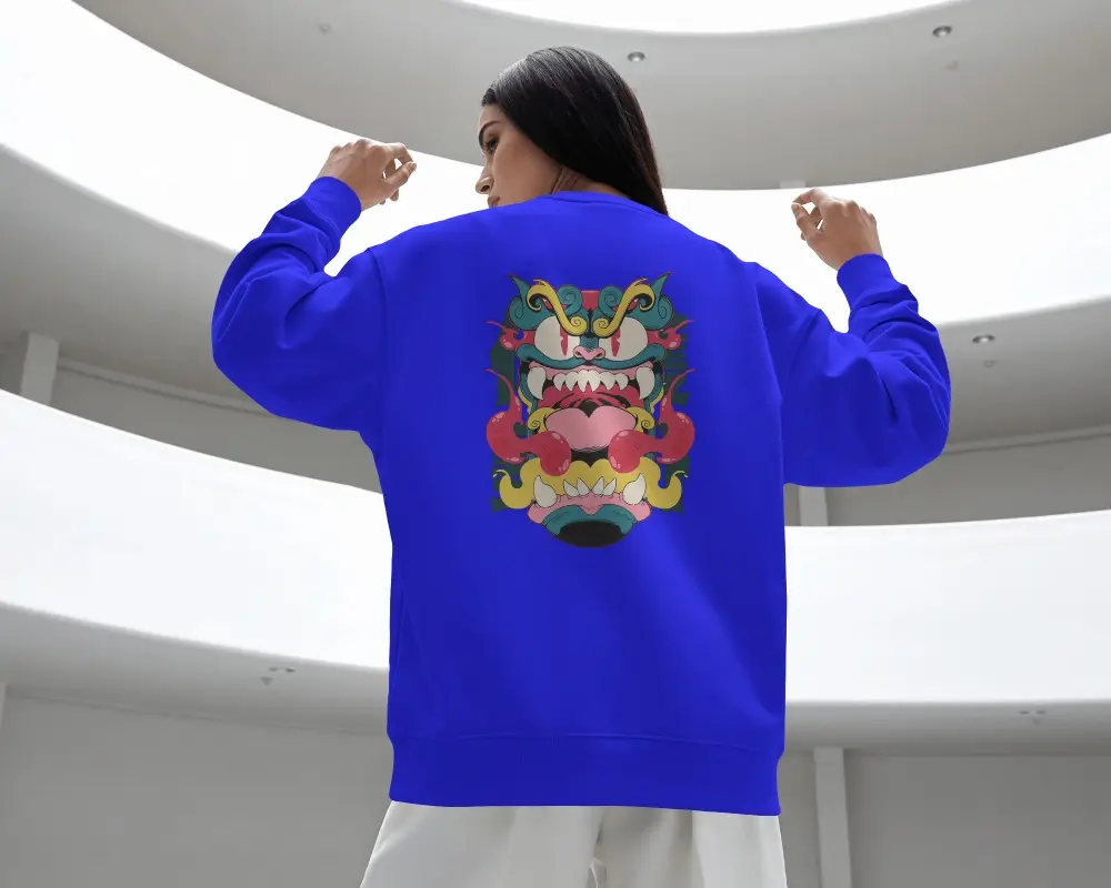 Back View Sweatshirt Mockup Female Model Posing Inside Modern Circular White Atrium