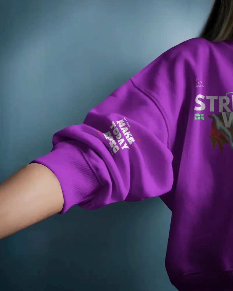 Stylish Detail Sweatshirt Mockup Female Model Arm And Shoulder Closeup Blue Background Multiple Print Views Folded Sleeve Modern Editorial Look