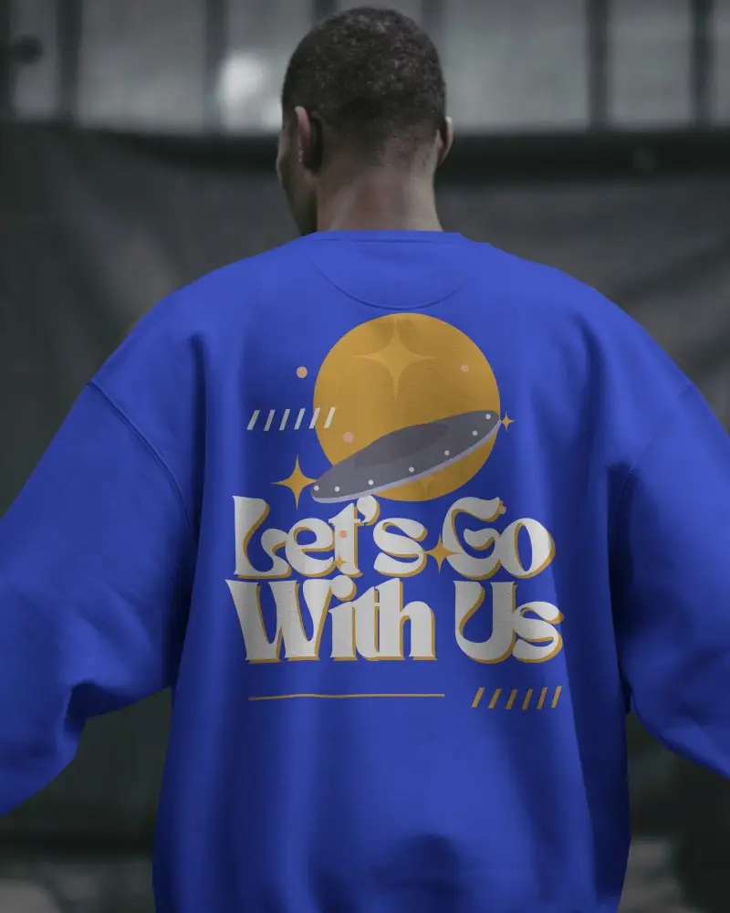 Back View White Sweatshirt Mockup Male Model In Urban Setting Moody Lighting Custom Design Template For Pod