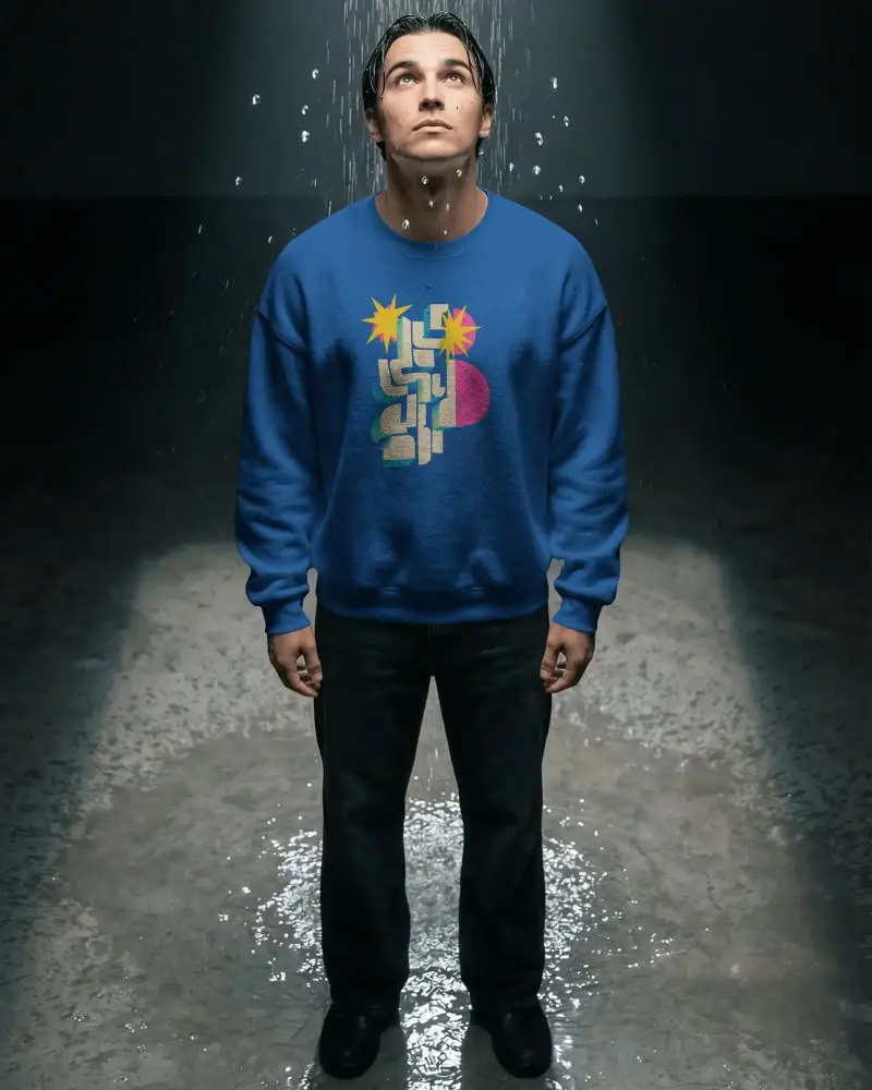 High Quality Casual Sweatshirt Mockup Model Standing Underwater Drip Lighting Effect