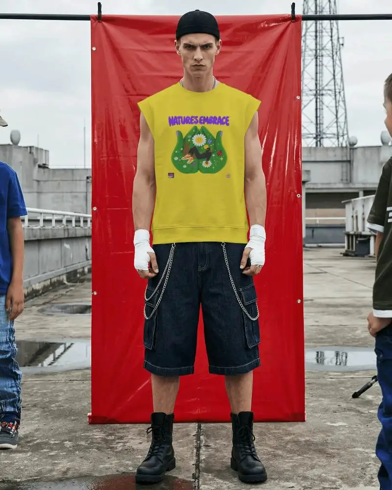 Sleeveless Cotton Sweatshirt Mockup For Urban Streetwear Fashion Showcase Model