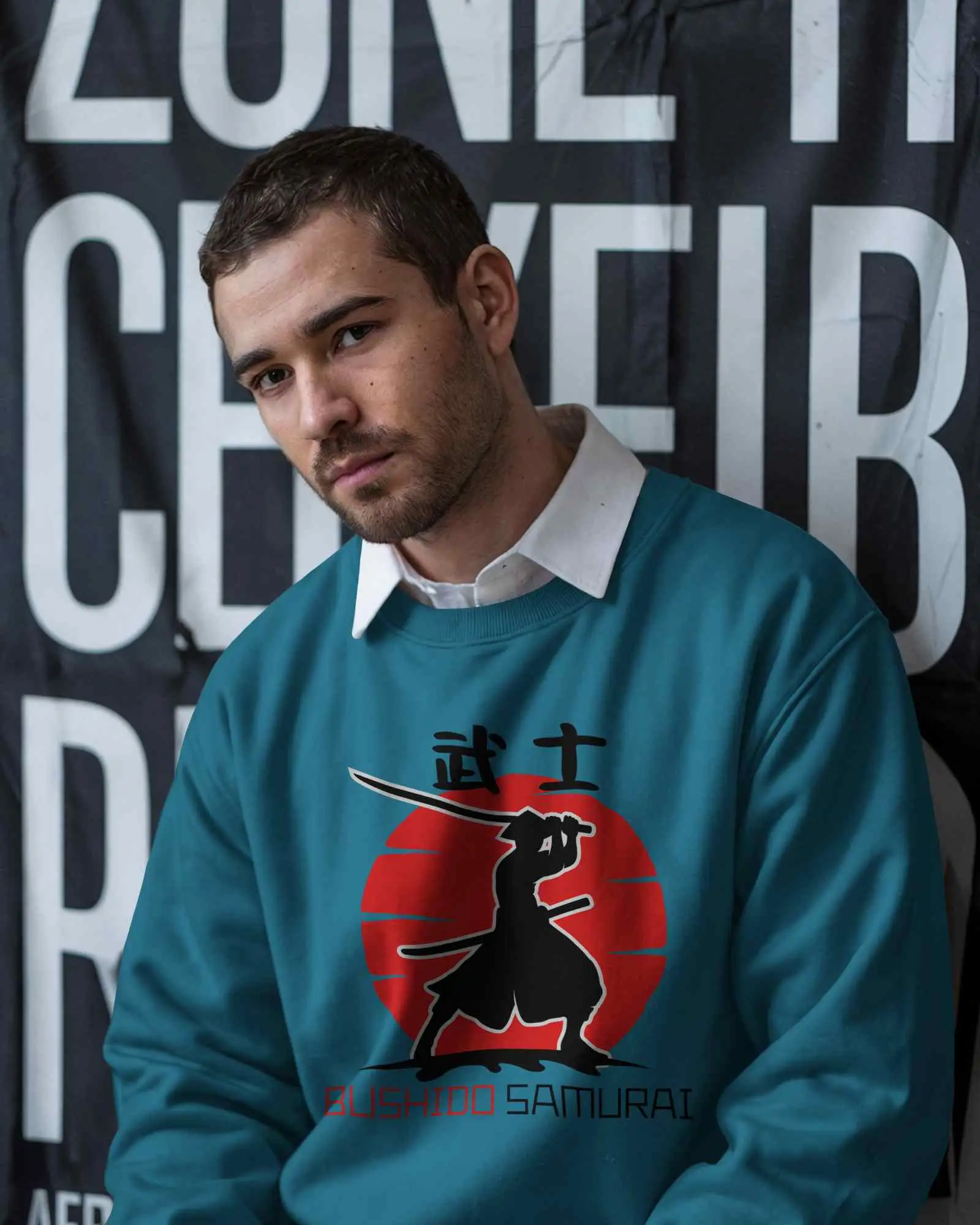 Urban Backdrop Sweatshirt Mockup Male Model In Light Grey Crewneck With White Collar Shirt Serious Expression Modern Street Style