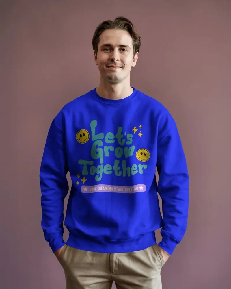 Neutral Studio Sweatshirt Mockup Male Model Smiling Hands In Pockets Against Mauve Wall Soft Lighting Casual And Clean Look