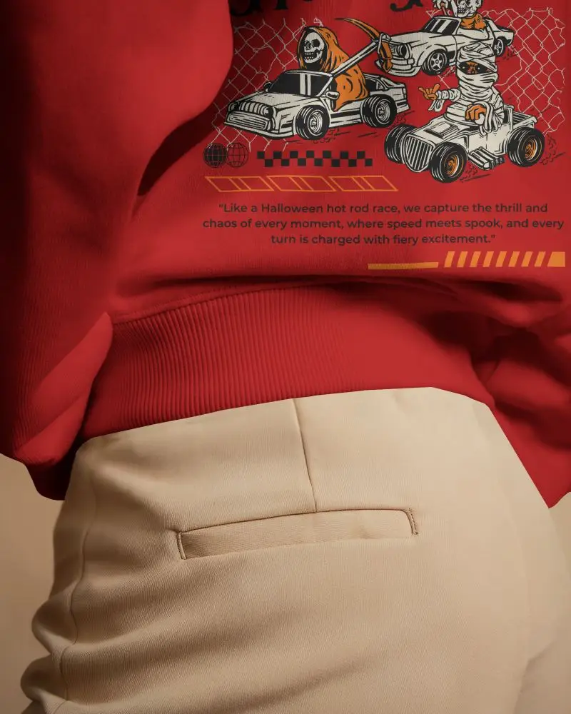 Stylish Backview Sweatshirt Mockup Female Model In Beige Trousers Closeup On Fabric Details Soft Lighting Modern Minimalist Look