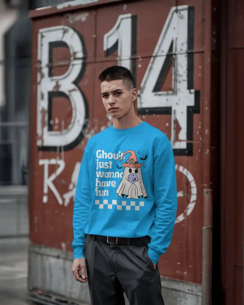 Gritty Street Sweatshirt Mockup Male Model Standing In Front Of Weathered Red Container Bold Urban Background Cool Toned Styling Edgy Vibe