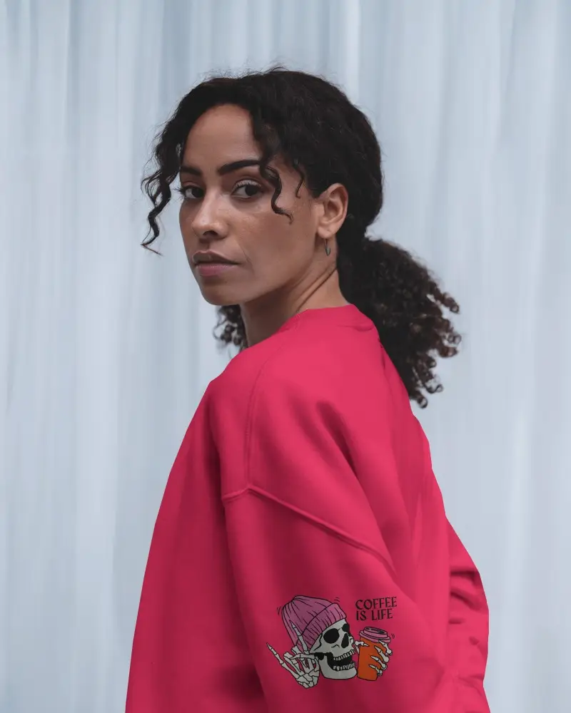 Side View White Sweatshirt Mockup On Female Model Against Soft Light Curtain 