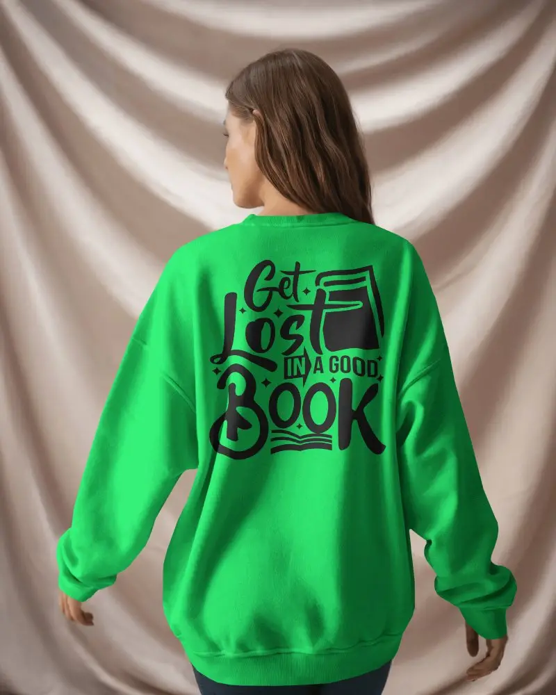 Photorealistic Blank White Sweatshirt Mockup On Woman Standing In Studio Lighting