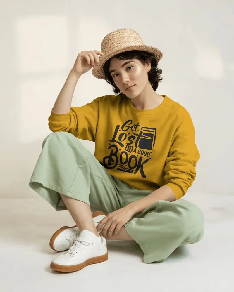 Casual Lifestyle White Sweatshirt Mockup On Young Female Model With Straw Hat