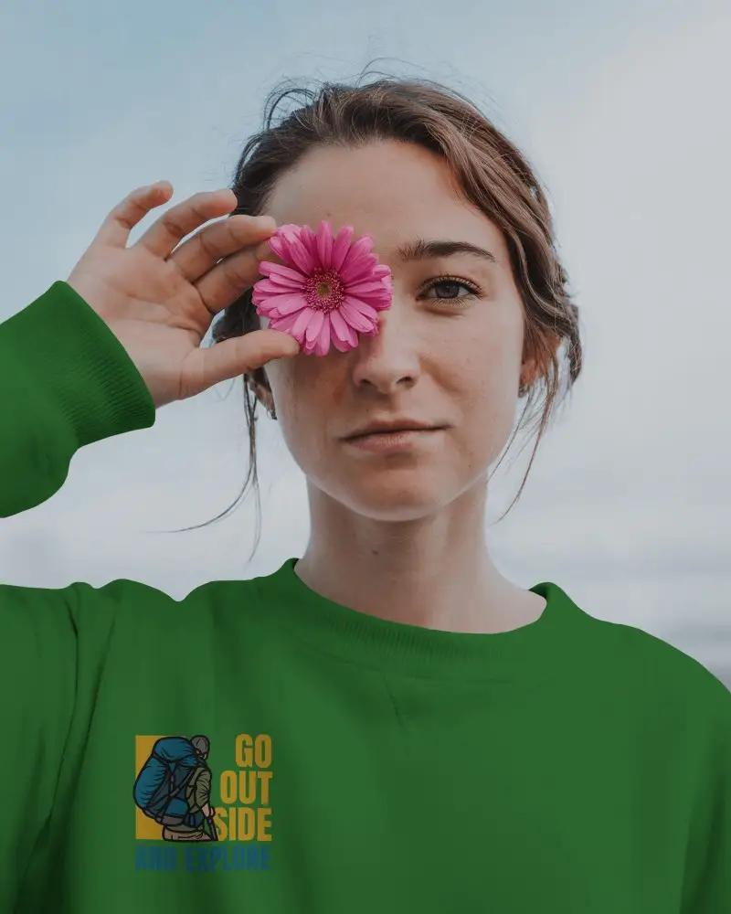 Lifestyle White Sweatshirt Mockup On Young Woman Holding Pink Flower Over Eye