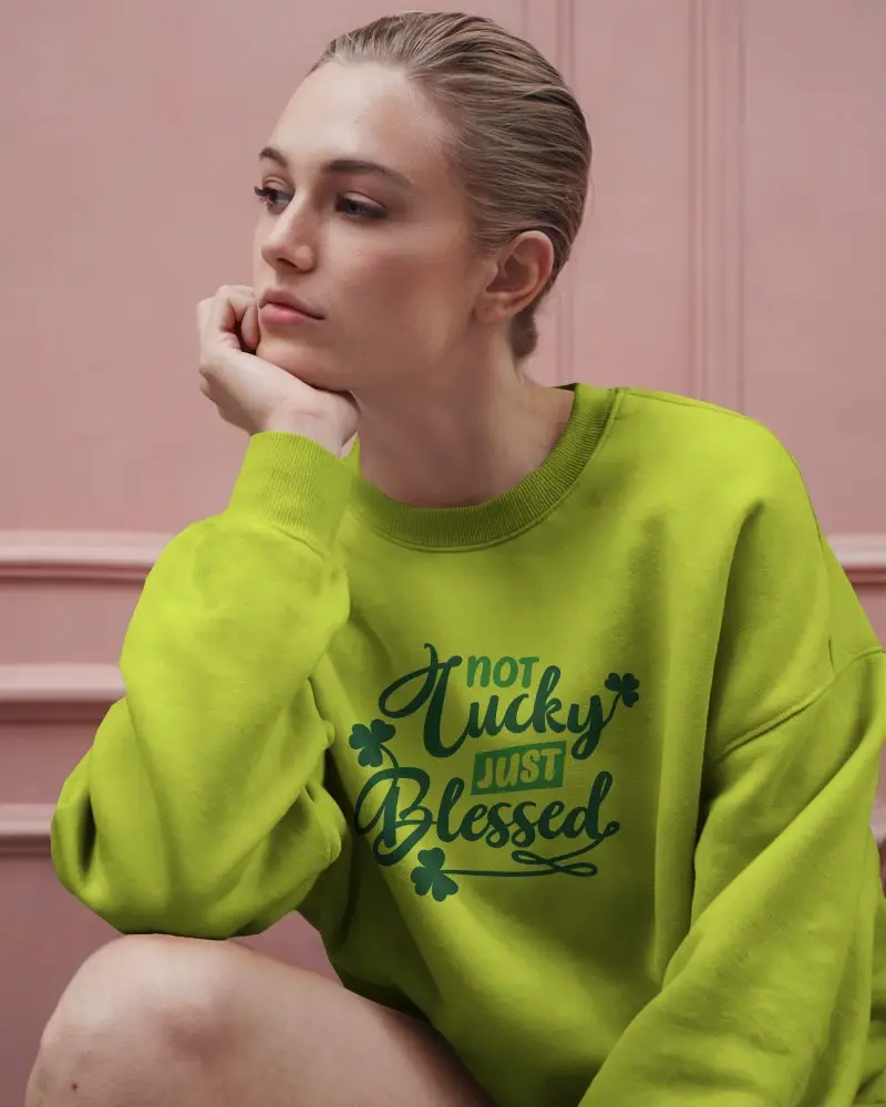 Crewneck Sweatshirt Mockup Woman Resting On Hand Modern Interior Studio Scene For Print On Demand