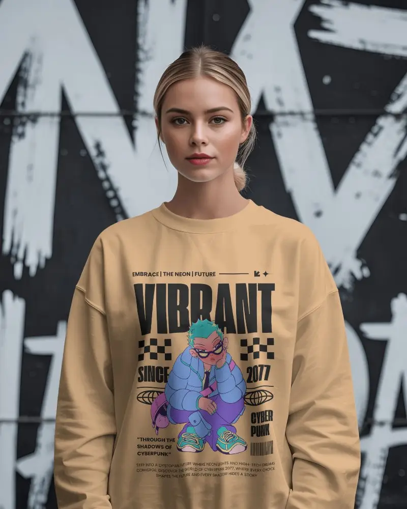 Female Model Wearing Sweatshirt Mockup Front Facing Against Graffiti Wall Urban Style