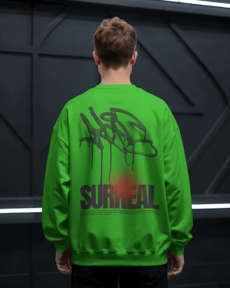 Urban Studio Back View Sweatshirt Mockup Male Model Against Dark Industrial Wall