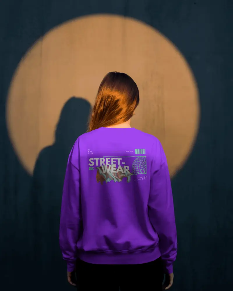 Back View Sweatshirt Mockup Female Model In Soft Sunset Light Against Round Glow