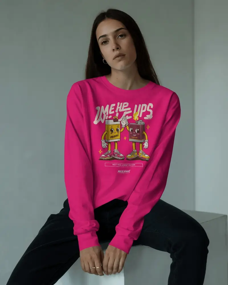Chic Fashion Sweatshirt Mockup Woman In Long Sleeve Relaxed Pose On Modern Studio Block