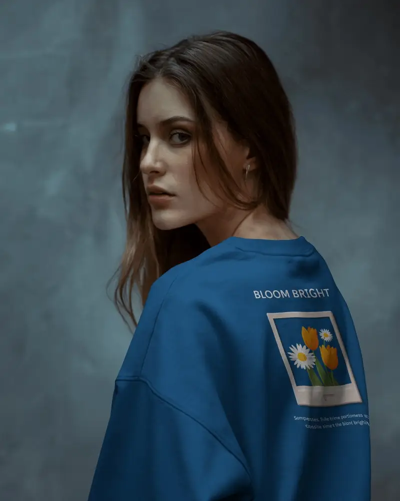 Minimalist Fashion Sweatshirt Mockup Woman Posing Back In Soft Light With Studio Wall Backdrop