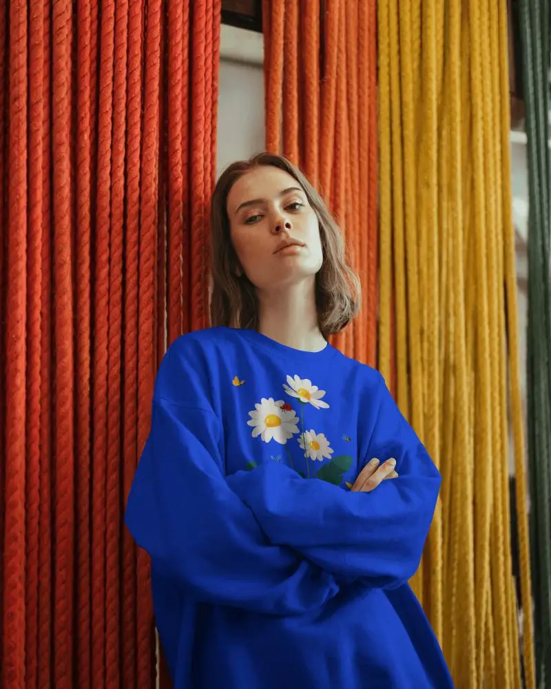 Urban Editorial Sweatshirt Mockup Female Model Standing Against Red And Yellow Rope Backdrop