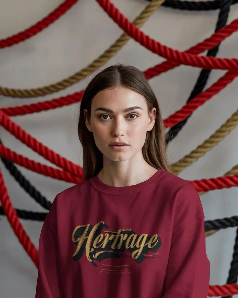 Bold Fashion Sweatshirt Mockup Female Model Posing With Vivid Red Yellow And Black Rope Display
