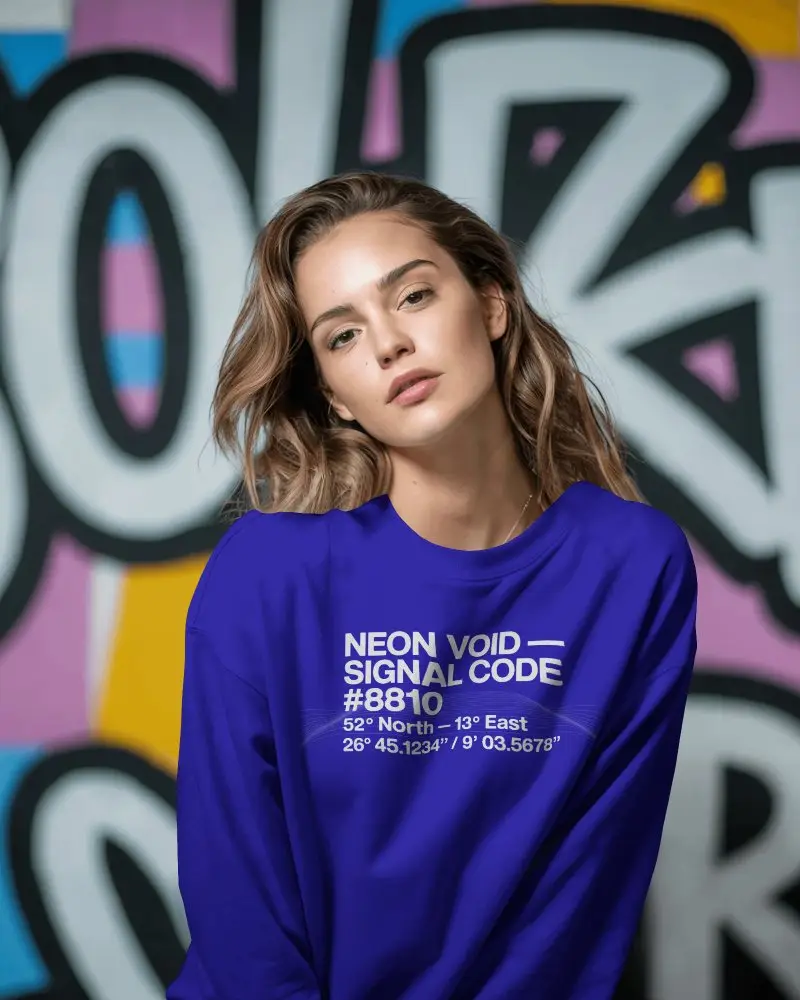 Urban Graffiti Sweatshirt Mockup Female Model In Relaxed Pose Against Colorful Street Art Wall