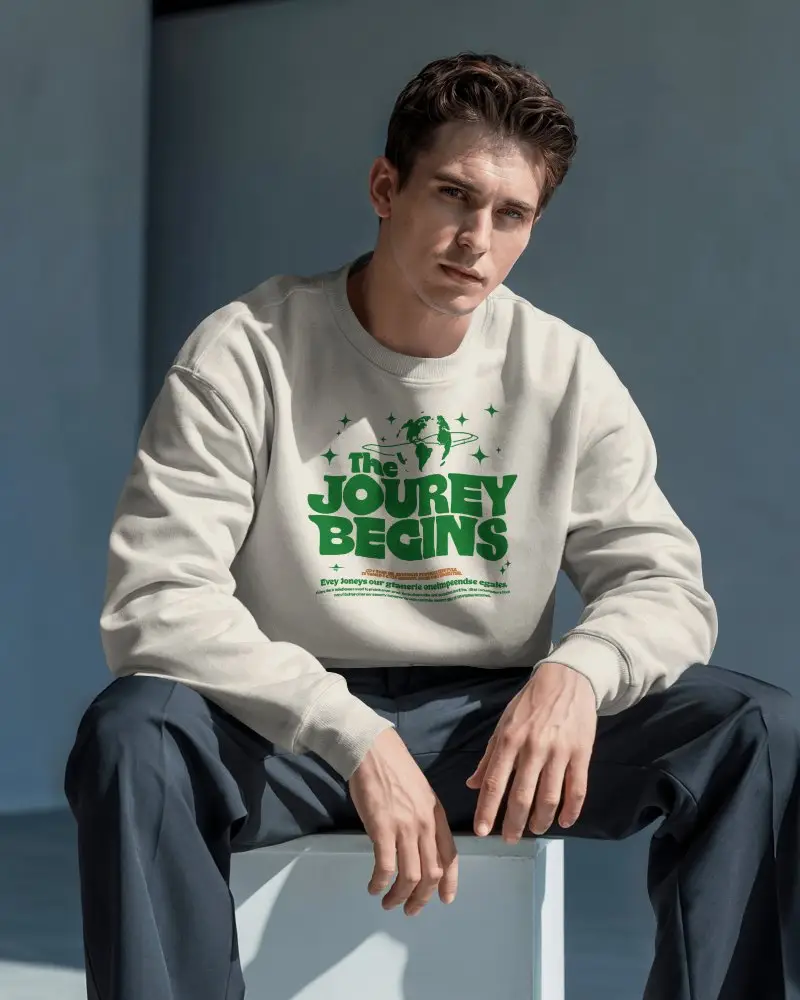 Modern Men Sweatshirt Mockup Guy In Long Sleeve Relaxed Pose With Sunlight Shadows