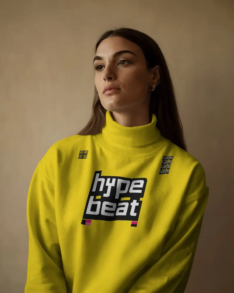 Minimalist Sweatshirt Mockup Female Model In Soft Lighting With High Neck Casual And Refined Style