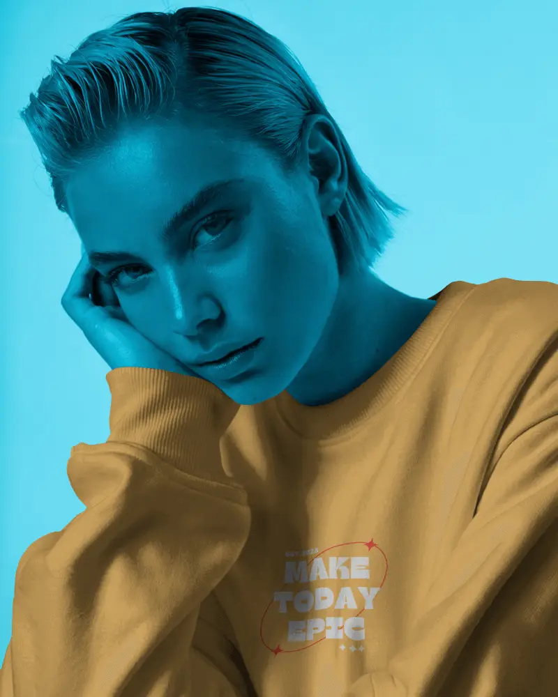 Monochrome Portrait Sweatshirt Mockup Female Model In Blue Light Studio Stylized Fashion