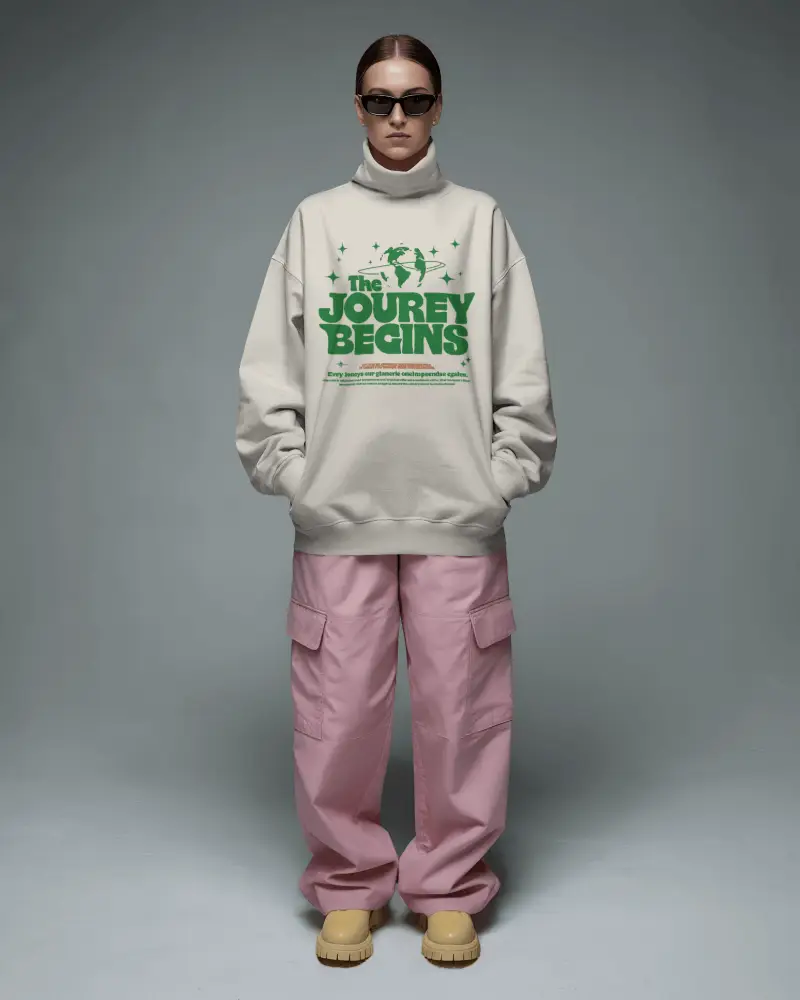 Oversized Turtleneck Sweatshirt Mockup Female Model In Pink Cargo Pants And Yellow Boots Stylish Look