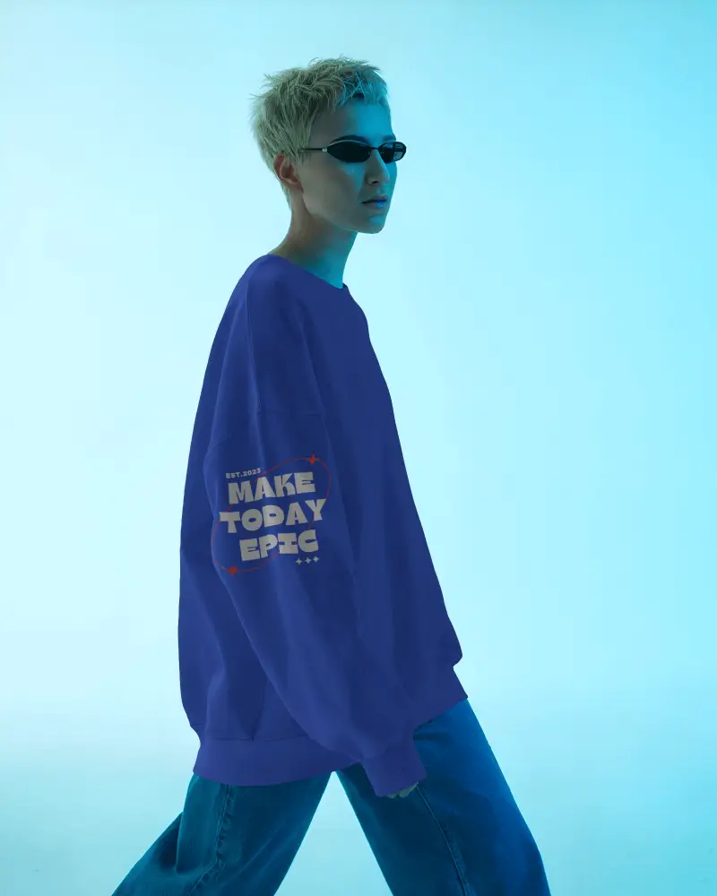 Lifestyle Sweatshirt Mockup Female Model In Blue Studio Wearing Sunglasses Streetwear Style