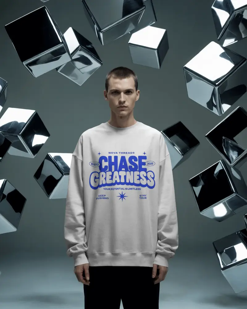 Futuristic Sweatshirt Mockup Male Model Standing With Floating Metallic Cubes Background