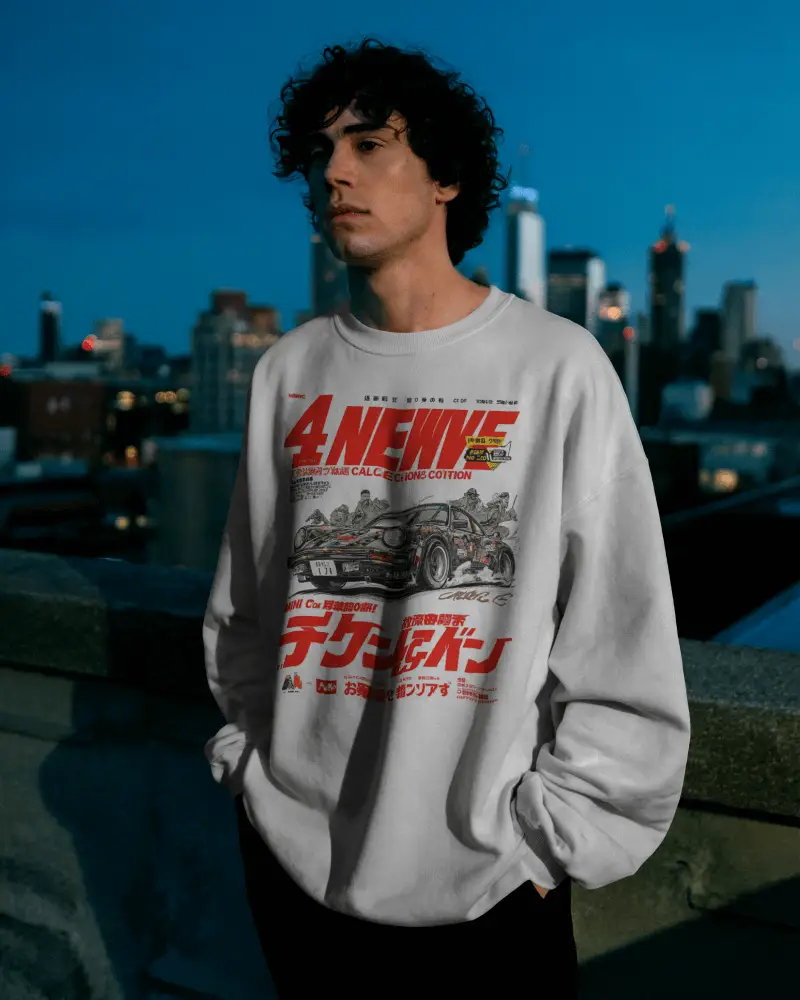 Rooftop Sweatshirt Mockup Male Model In Cityscape Setting Evening Light Urban Vibes