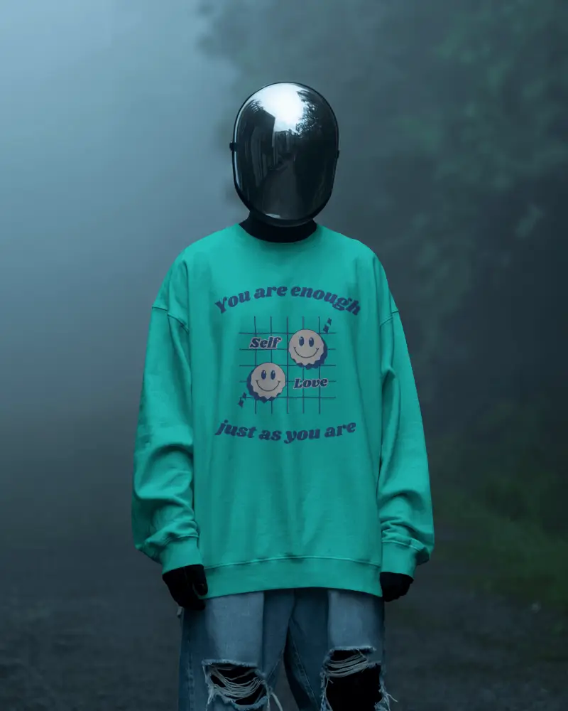 Sweatshirt Mockup Male Model With Metallic Helmet In Misty Forest Background