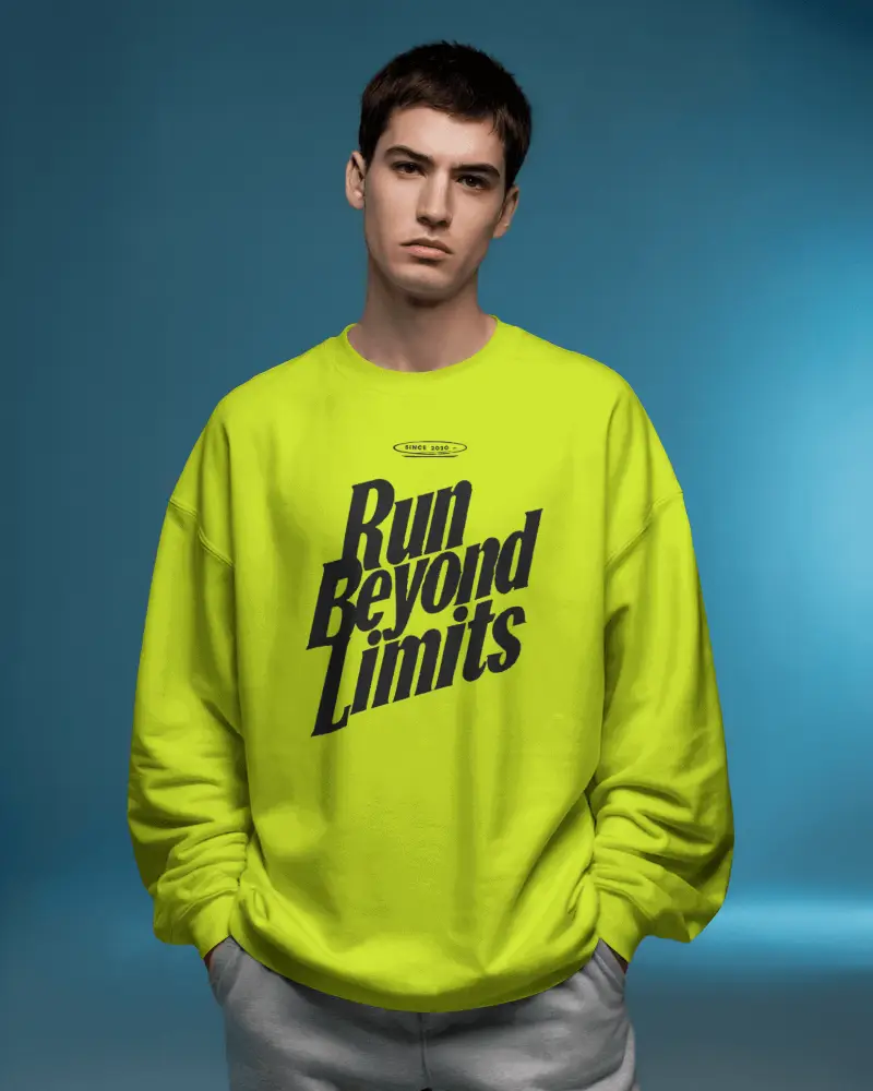 Casual Sweatshirt Mockup Male Model In Gray Studio Against Blue Background Modern Look