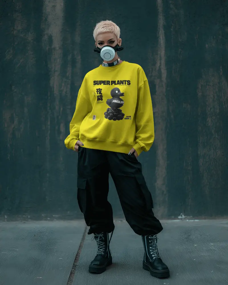 Streetwear Sweatshirt Mockup Female Model In Gas Mask And Combat Boots Urban Vibes