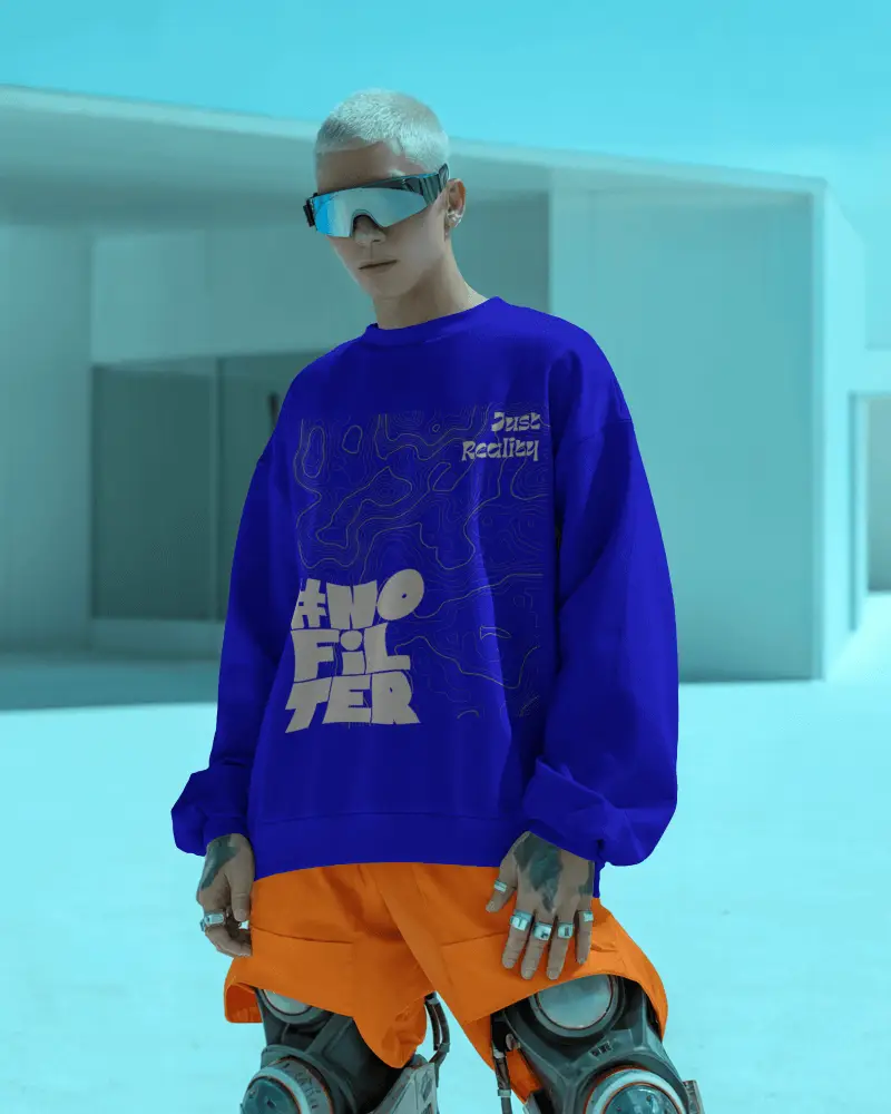 Cyberpunk Sweatshirt Mockup Male Model In Orange Shorts And Futuristic Glasses