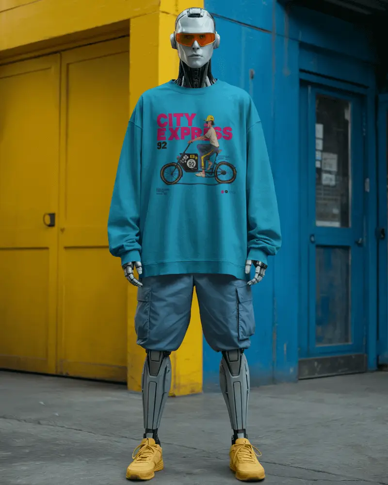 Robot Sweatshirt Mockup Android In Oversized Fit With Yellow Shoes And Blue Shorts