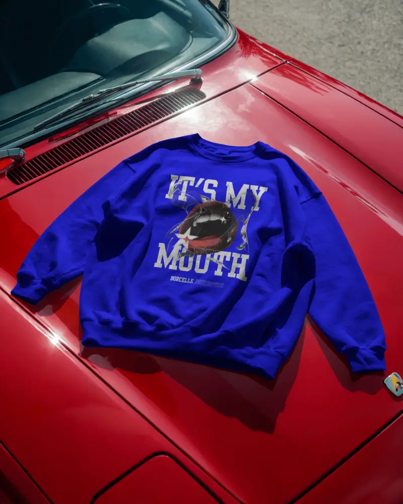 Vintage Red Car Sweatshirt Mockup Streetwear Style Bold Contrast Urban Fashion Display