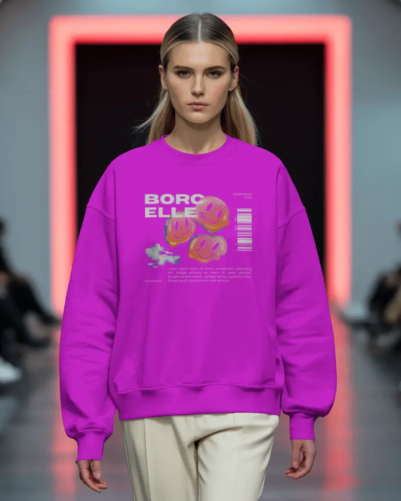 Runway Fashion Sweatshirt Mockup Female Model Walking Under Neon Frame Modern High End Style