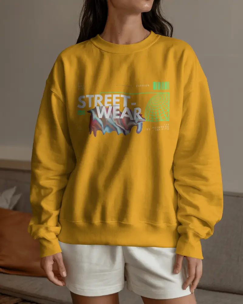 Indoor Casual Sweatshirt Mockup Female Model Relaxed Home Setting Cozy Minimal Lifestyle