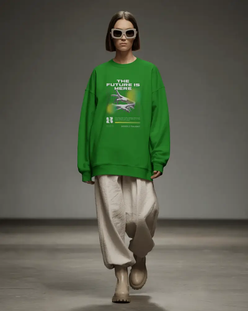 Oversized Streetwear Sweatshirt Mockup Female Model Dark Studio Bold Urban Fashion Style