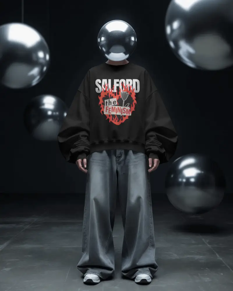Futuristic Oversized Sweatshirt Mockup Streetwear Style Metallic Spheres Dark Studio Bold Visuals