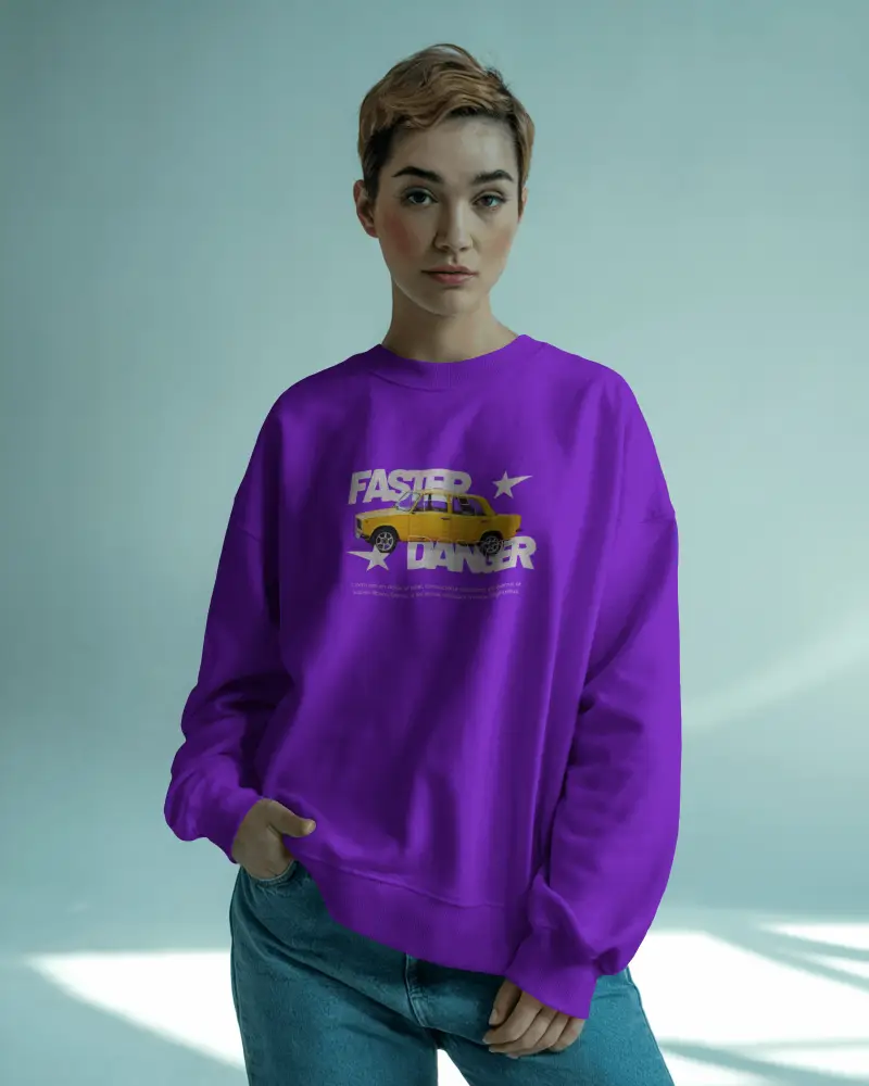 Studio Portrait Sweatshirt Mockup Female Model Natural Lighting Jeans Styled Casual Look