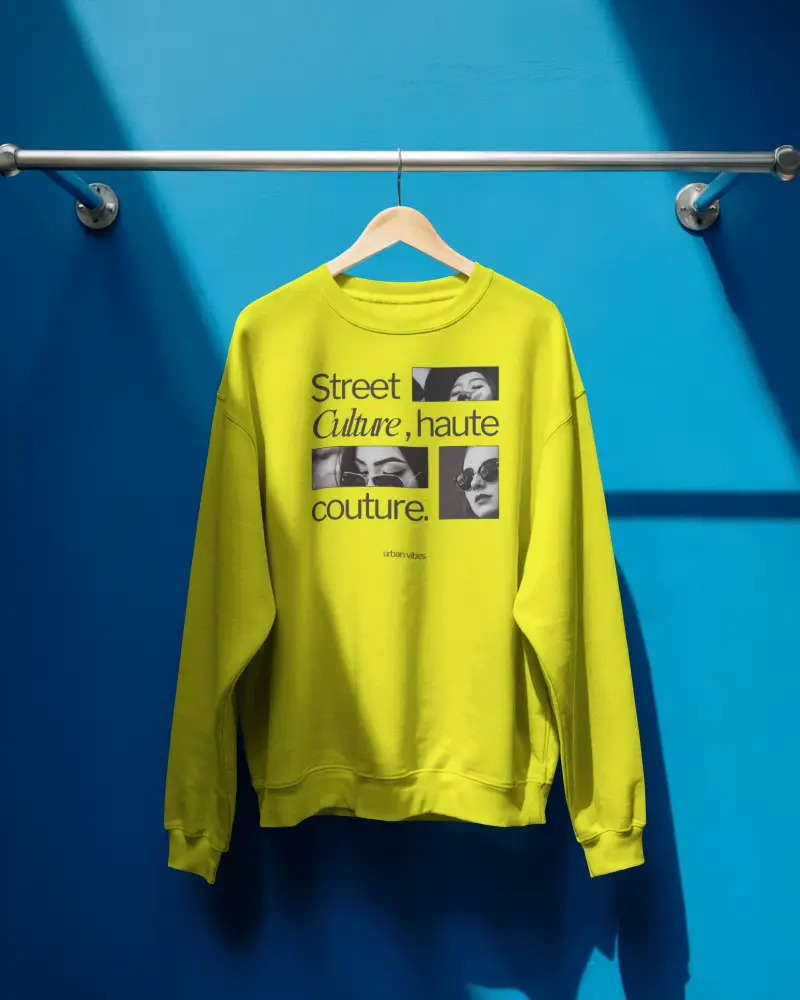 Hanging Sweatshirt Mockup On Wooden Hanger Blue Wall Bright Clean Display Retail Fashion