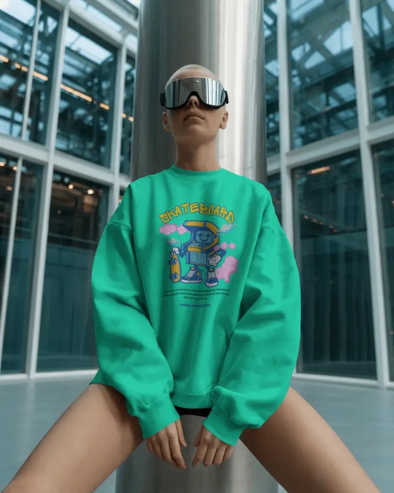 Futuristic Sweatshirt Mockup Female Model In Oversized Fit Sitting In Modern Glass Architecture