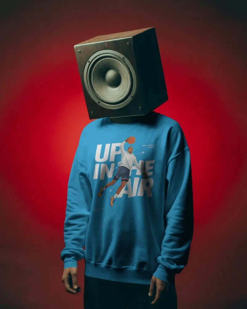 Surreal Speaker Head Sweatshirt Mockup Modern Artistic Style With Red Studio Background Light
