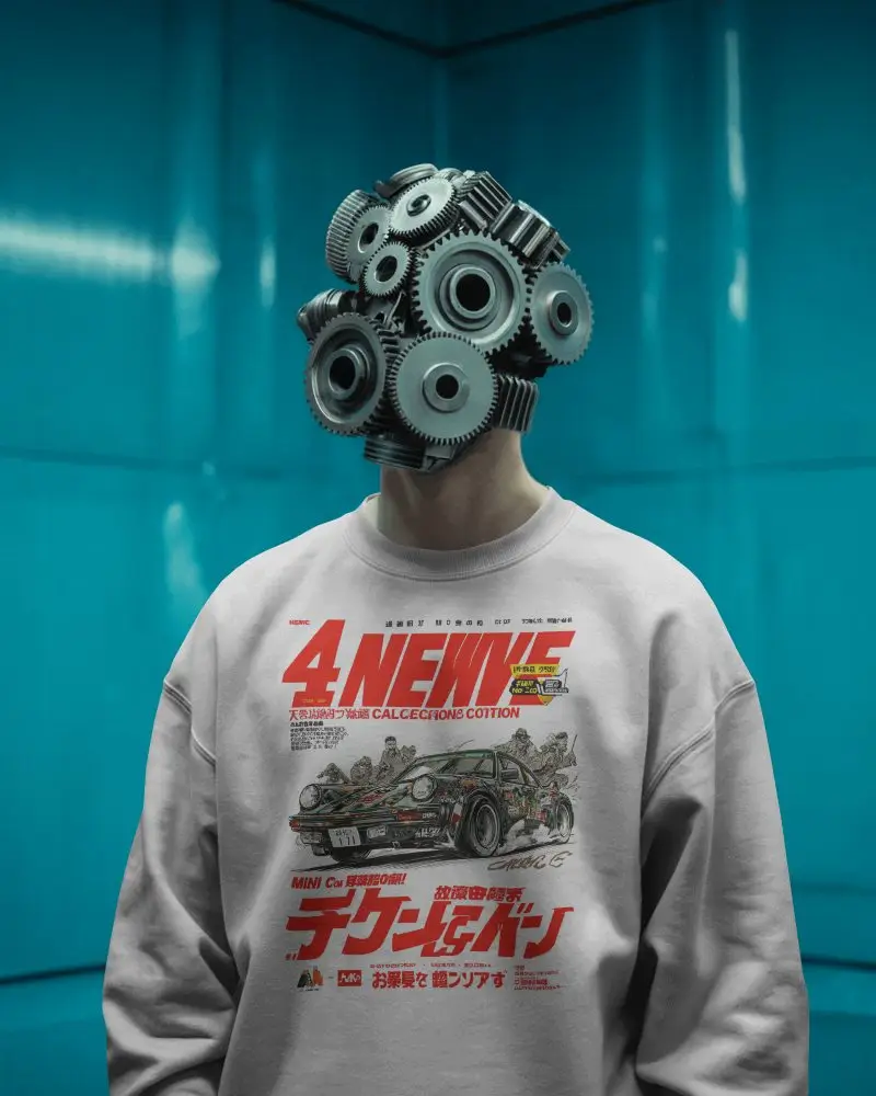 Futuristic Industrial Sweatshirt Mockup Gear Head Model In Modern Cyan Metal Room