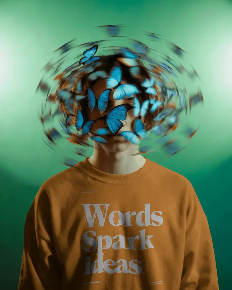 Surreal Butterfly Sweatshirt Mockup Blue Motion Effect With Soft Green Background Light