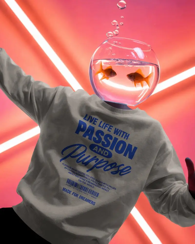 Surreal Goldfish Bowl Head Sweatshirt Mockup Creative Underwater Theme With Pink Light